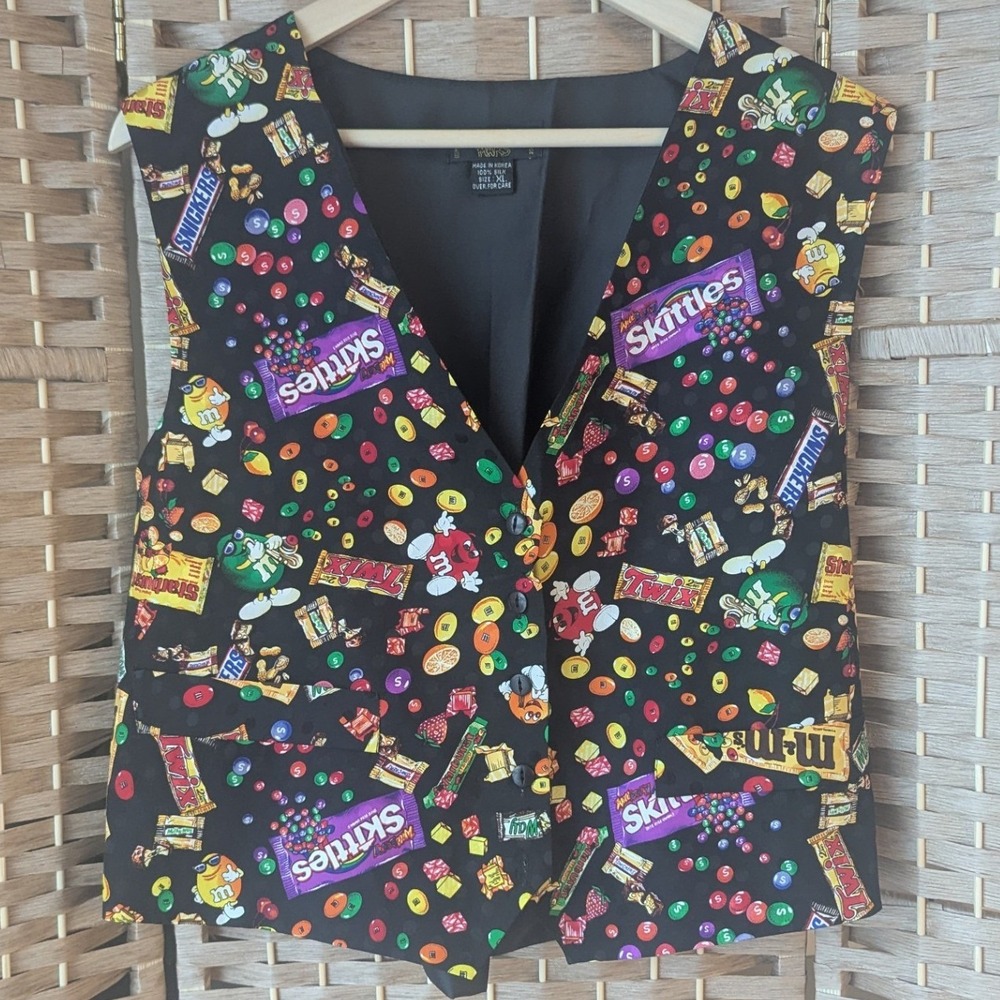 Vtg 90's Planet Mars 100% Silk‎ Candy Novelty Vest Skittles M&Ms Twix Womens XL